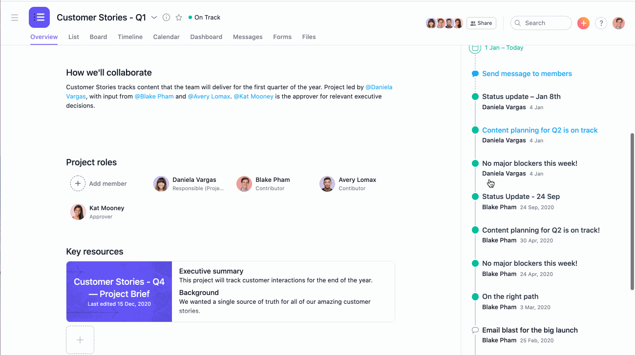 Status updates in Asana